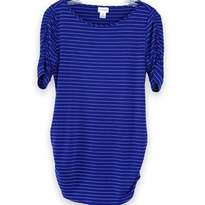 Motherhood Maternity Blue Tee Shirt White Stripes Size Small with Ruching